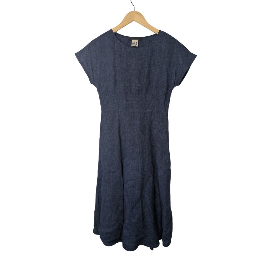 MaxMara Weekend Navy Flax Linen Crew Neck Short Sleeve A-line Midi Dress